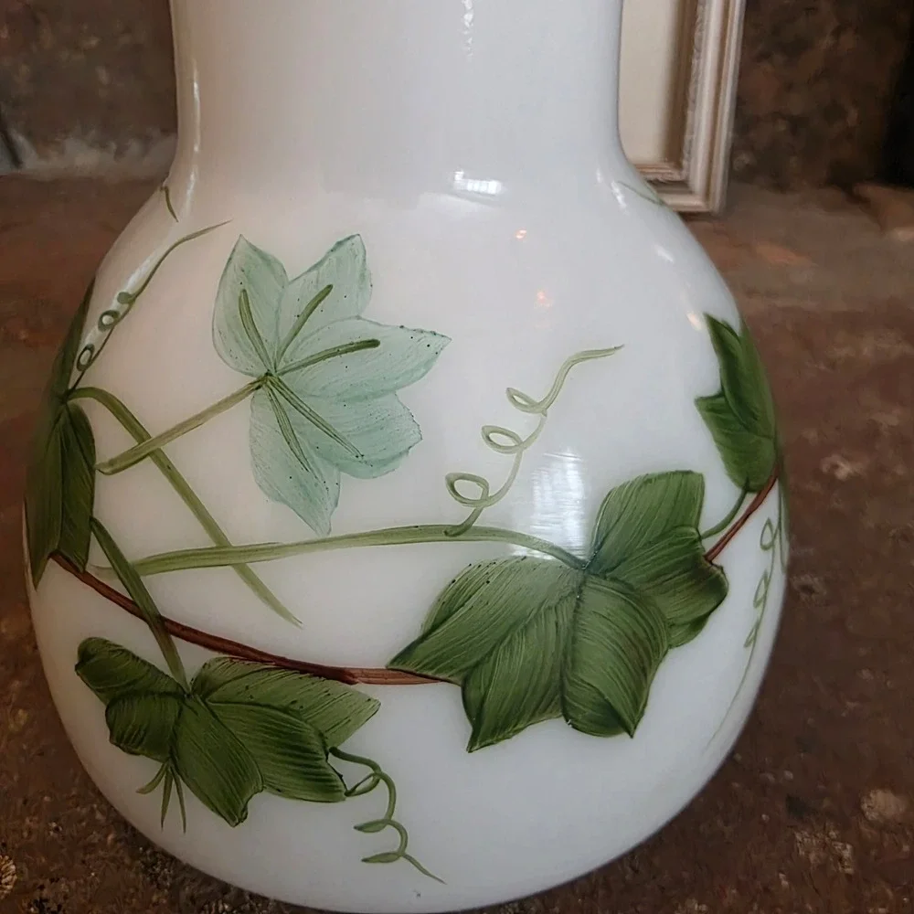 Vintage Consolidated Milk Glass Ivy Vase Hand Painted Ruffled Gold Rim 6 Inch